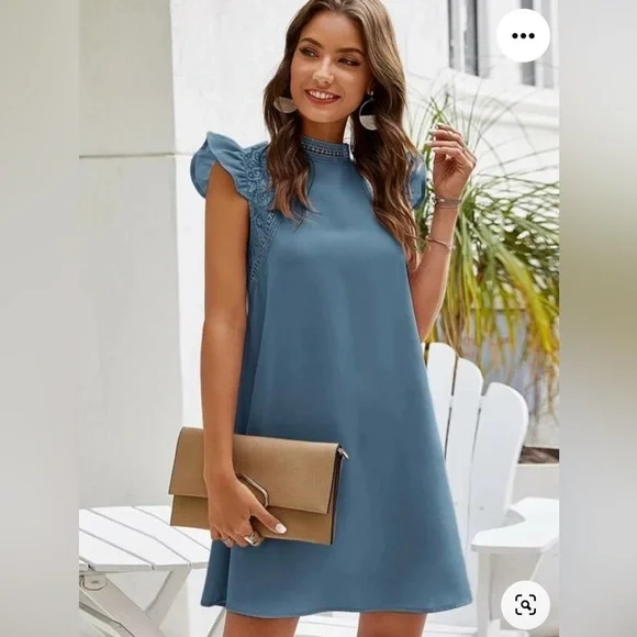 SHEIN Women Blue Relaxed Fit and Flare High Neck Short Sleeves Dress Size M - Picture 1 of 11